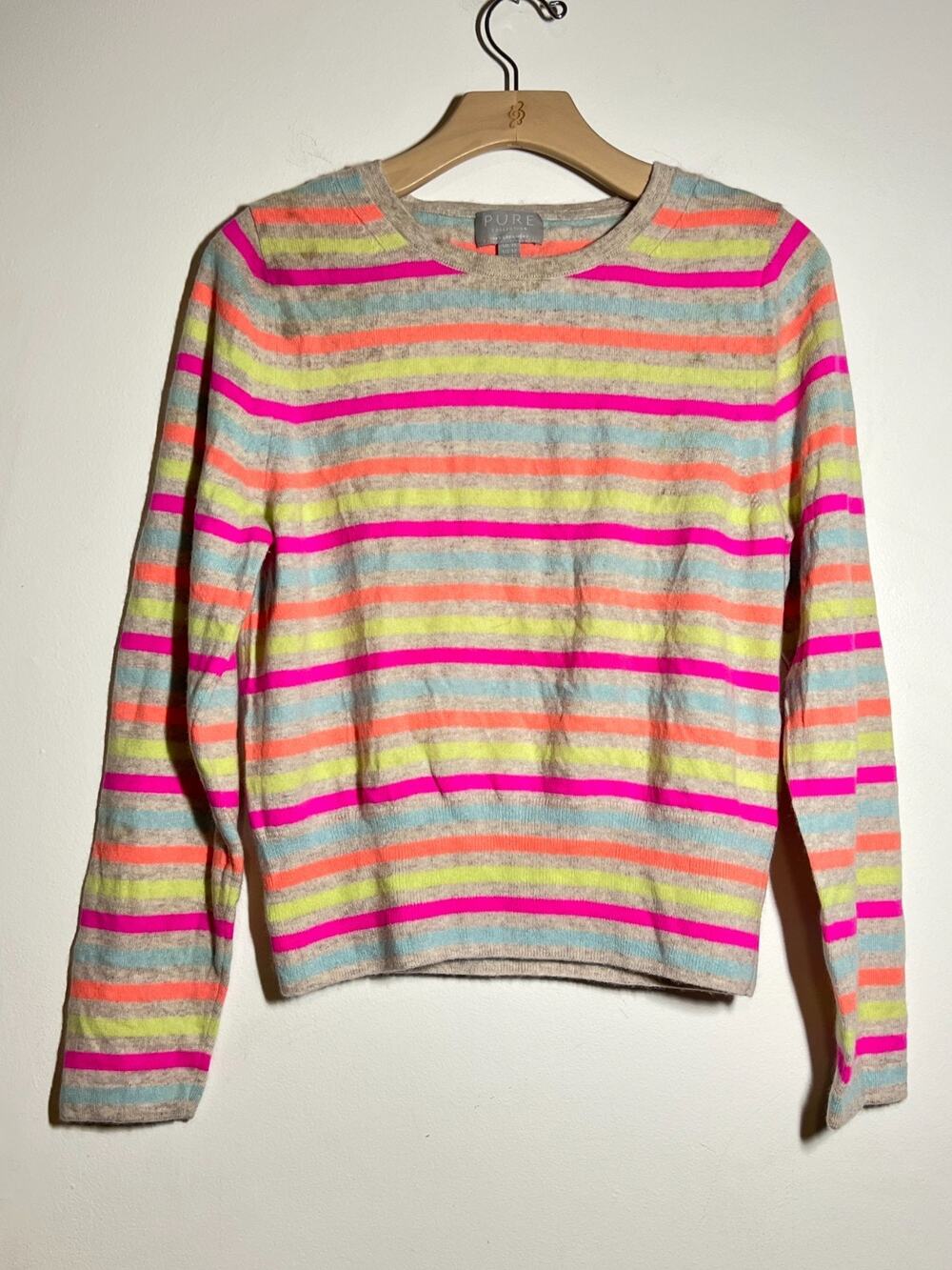 Pure Collection 100% Cashmere Multicolor Stripe Crew Neck Pullover Sweater US 12